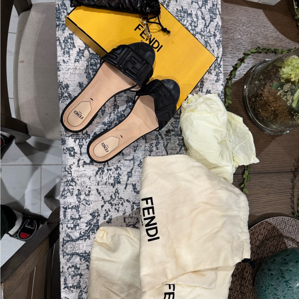 Fendi Black Embossed Slide Sandals/with fendi bag and glasses Box included